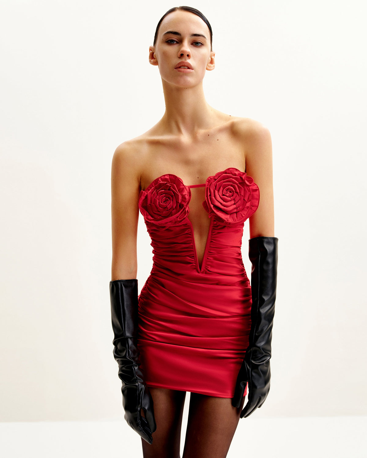 Bailee Red Floral Applique And Ruched Tube Mini Dress - Red - view 3