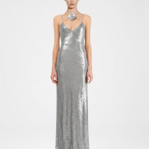 Heisey Silver Sequinned Rosette Maxi Dress - Silver - view 1