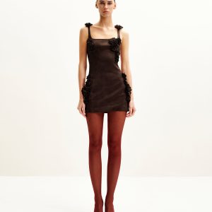 Elaina Rosette Applique Mini Dress - Chocolate Brown - view 1