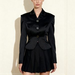 Satin Sculpted Waist Cropped Blazer - Black - view 1