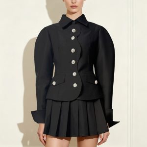 Scalloped Placket Leg of Mutton Blazer - Black - view 1