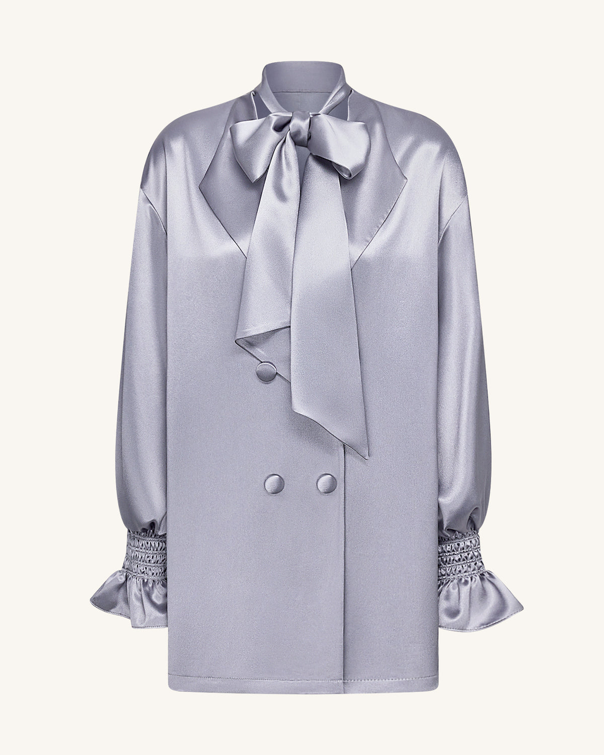 Ribbon Tie Balloon Sleeve Longline Blazer - Silver - view 2
