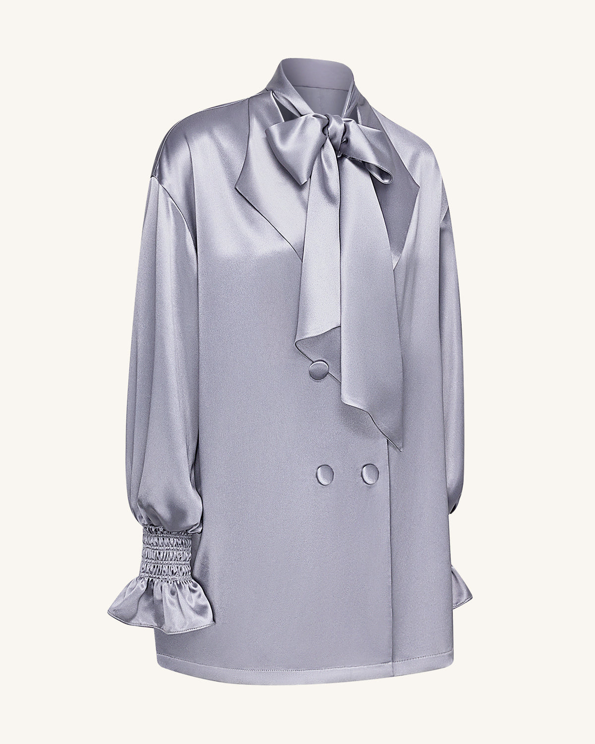 Ribbon Tie Balloon Sleeve Longline Blazer - Silver - view 3