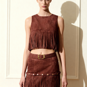 Faux Suede Fringe Halter - Burgundy - view 1