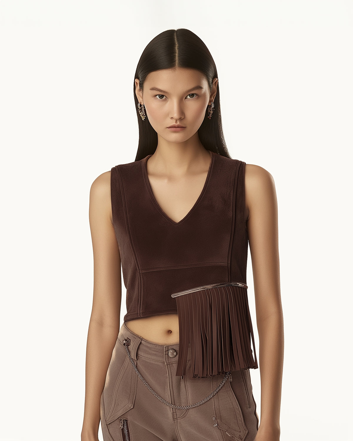 Faux Suede V-Neck Fringe Top - Chocolate Brown - view 2
