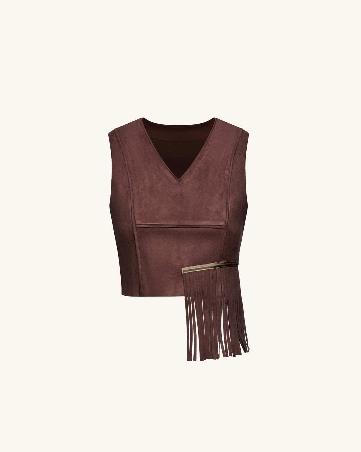 Faux Suede V-Neck Fringe Top - Chocolate Brown - view 3