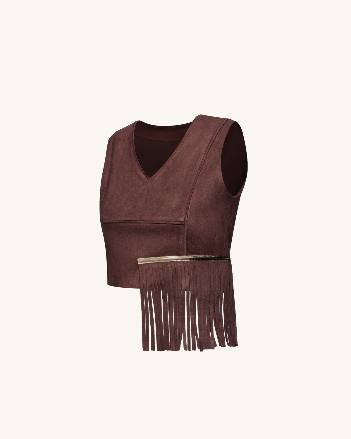 Faux Suede V-Neck Fringe Top - Chocolate Brown - view 4