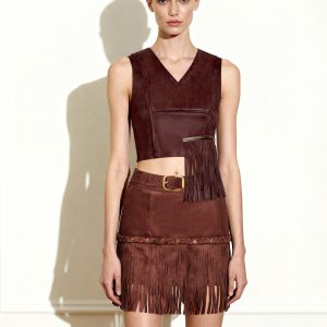 Faux Suede V-Neck Fringe Top - Chocolate Brown - view 1