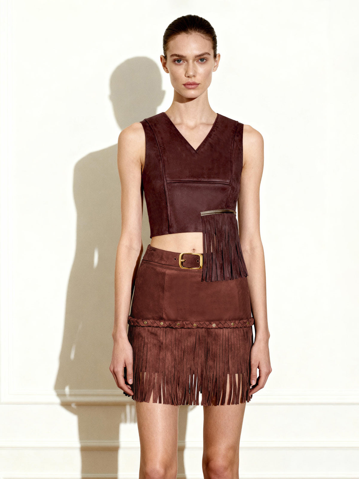 Faux Suede V-Neck Fringe Top - Chocolate Brown - view 1