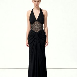 Ruched Lace Panel Maxi Dress - Black - view 1