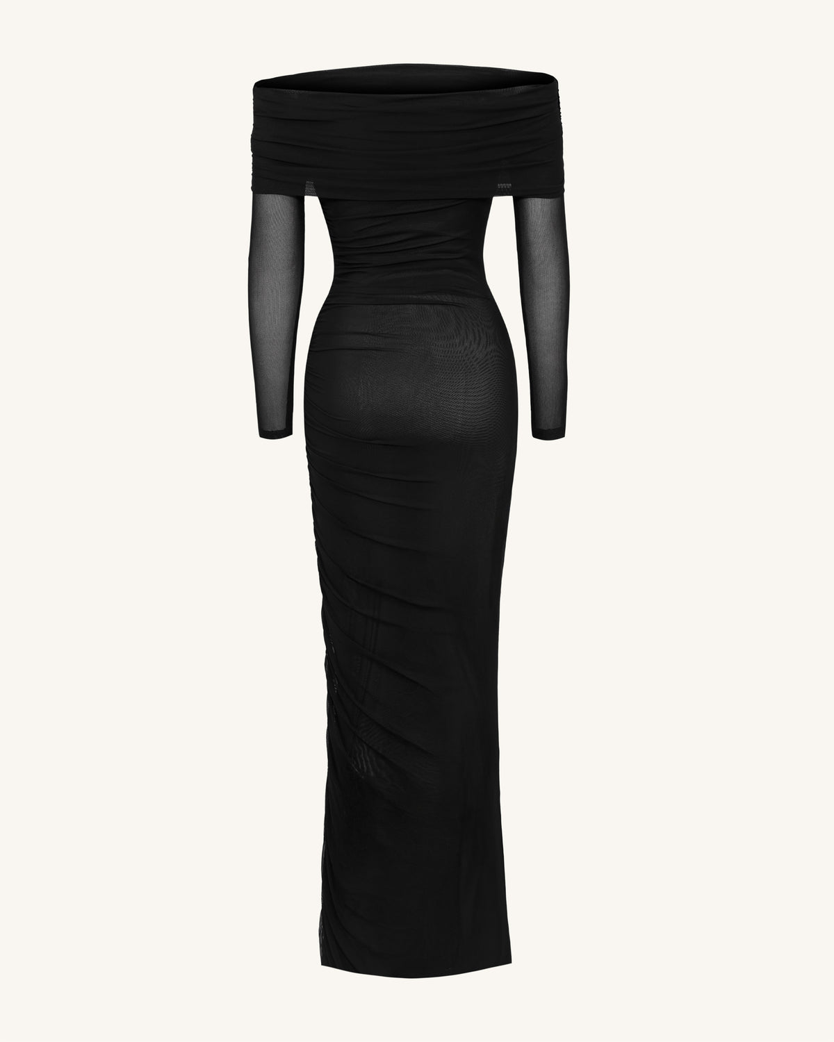 Ruched Off-Shoulder Mesh-Sleeve Mermaid Maxi Dress - Black - view 5