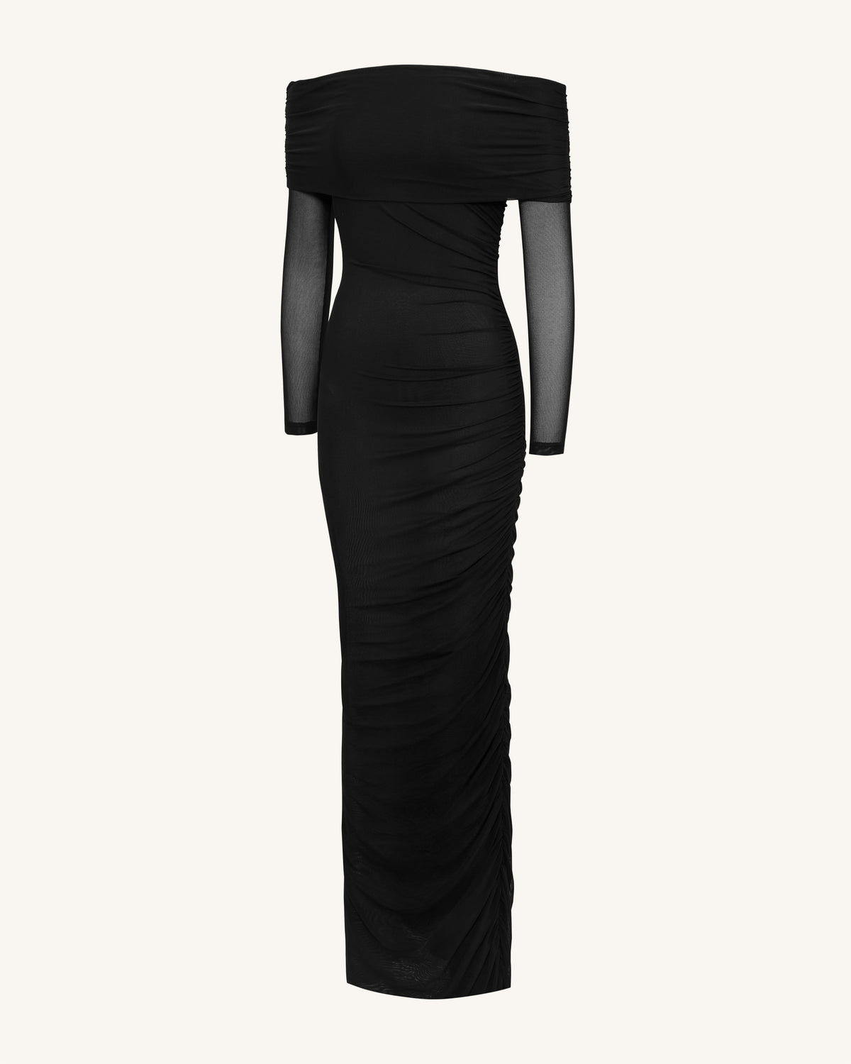 Ruched Off-Shoulder Mesh-Sleeve Mermaid Maxi Dress - Black - view 4