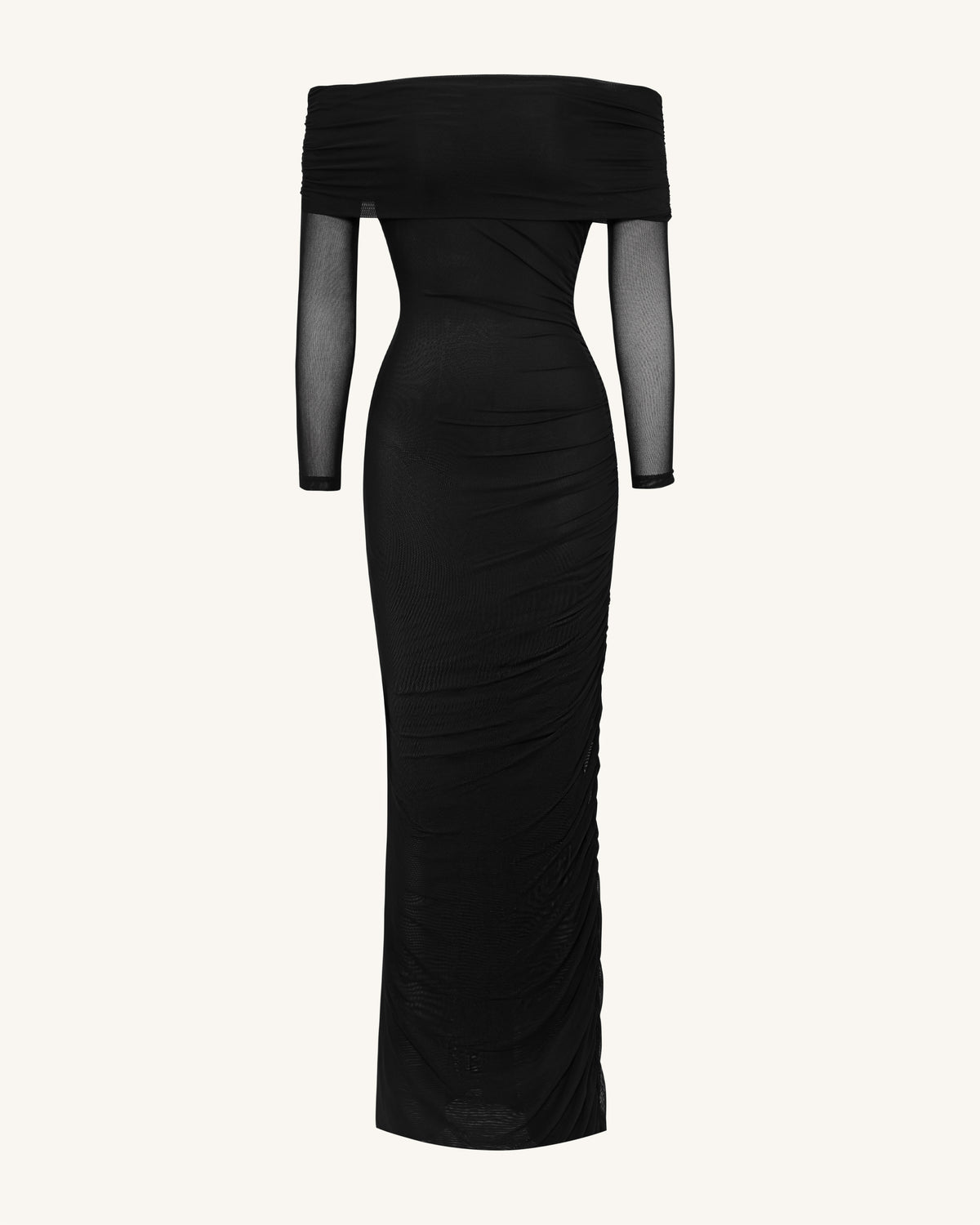 Ruched Off-Shoulder Mesh-Sleeve Mermaid Maxi Dress - Black - view 3