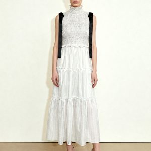 High-Neck Sleeveless Smocked Three-Tier Maxi Dress - White - view 1