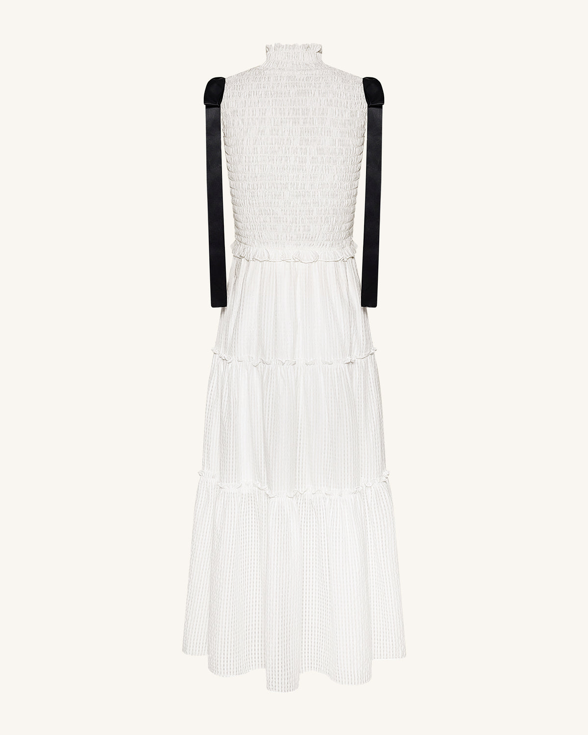 High-Neck Sleeveless Smocked Three-Tier Maxi Dress - White - view 4