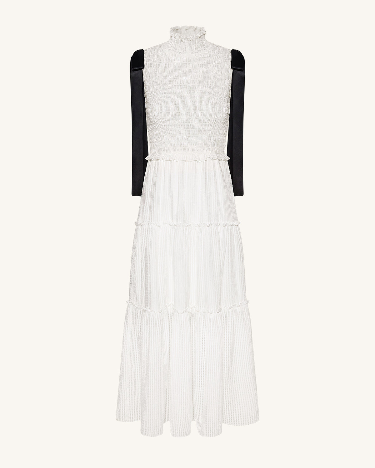 High-Neck Sleeveless Smocked Three-Tier Maxi Dress - White - view 2