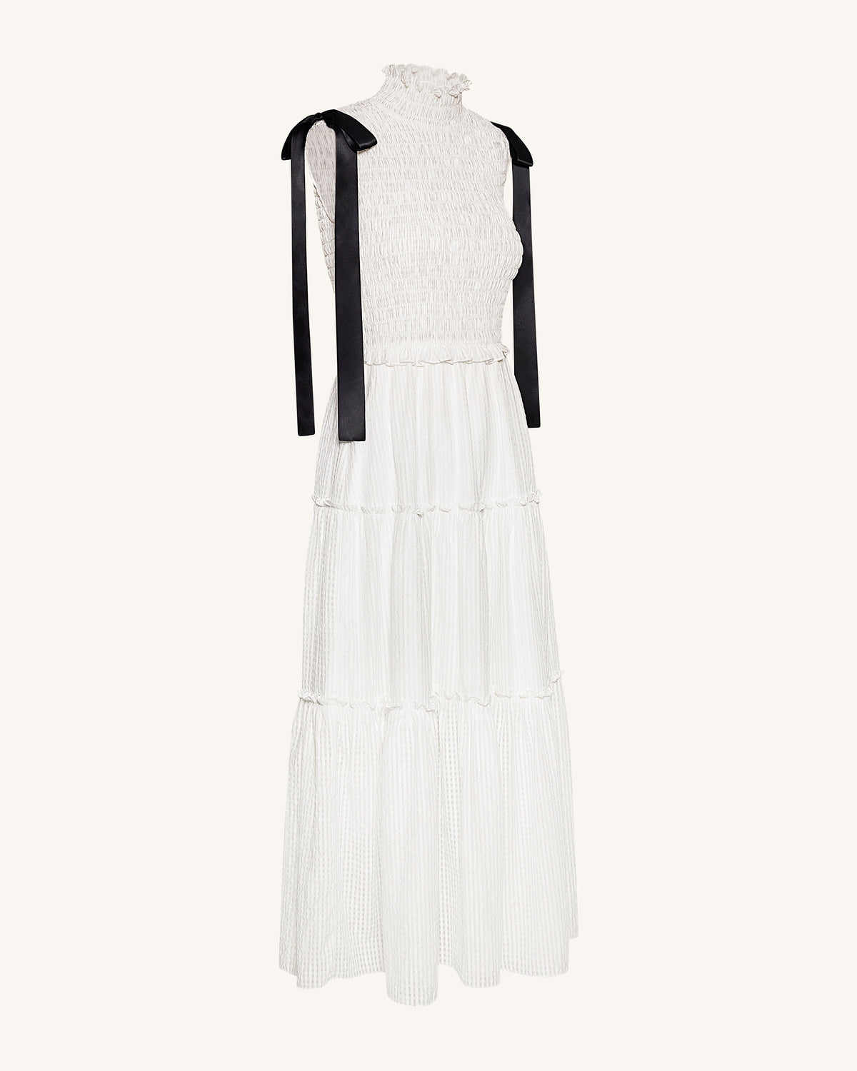 High-Neck Sleeveless Smocked Three-Tier Maxi Dress - White - view 3