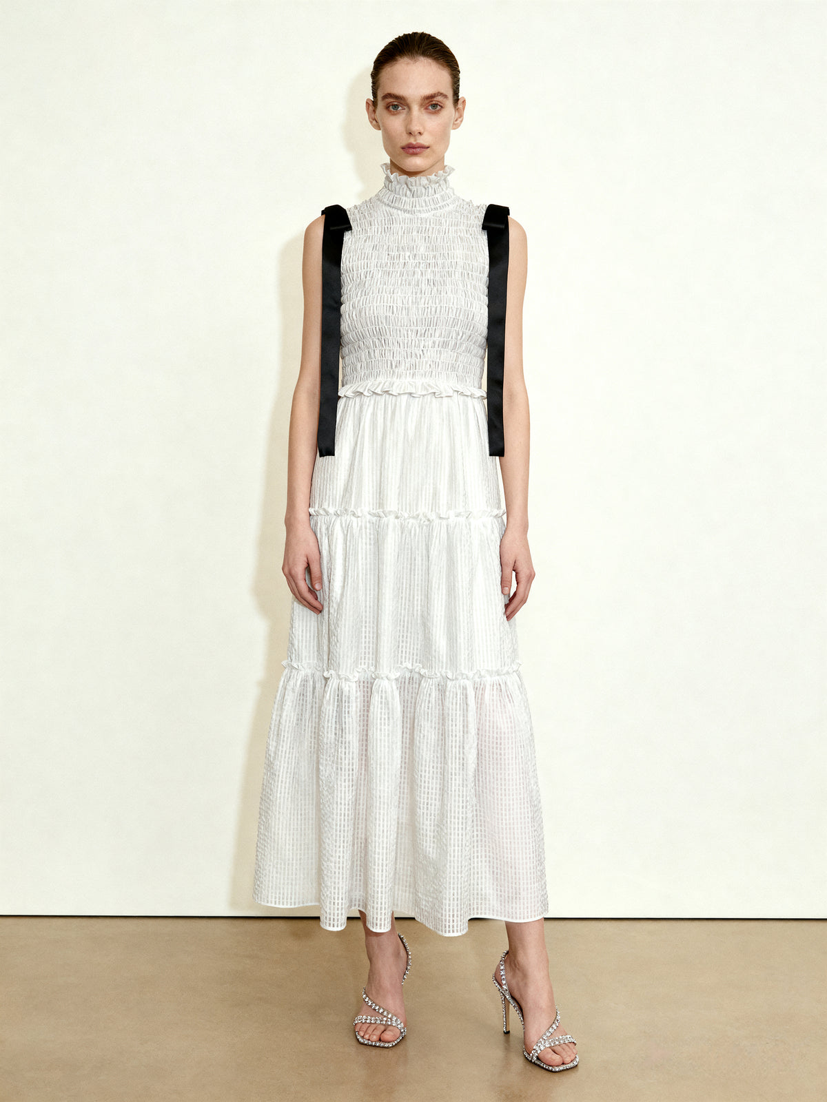 High-Neck Sleeveless Smocked Three-Tier Maxi Dress - White - view 1