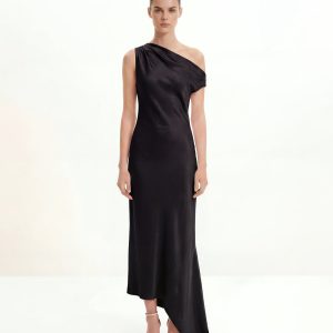 Satin Draped One-Shoulder Asymmetric Dress - Black - view 1