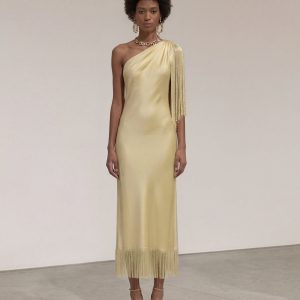 One Shoulder Fringe Midi Dress - Champagne - view 1