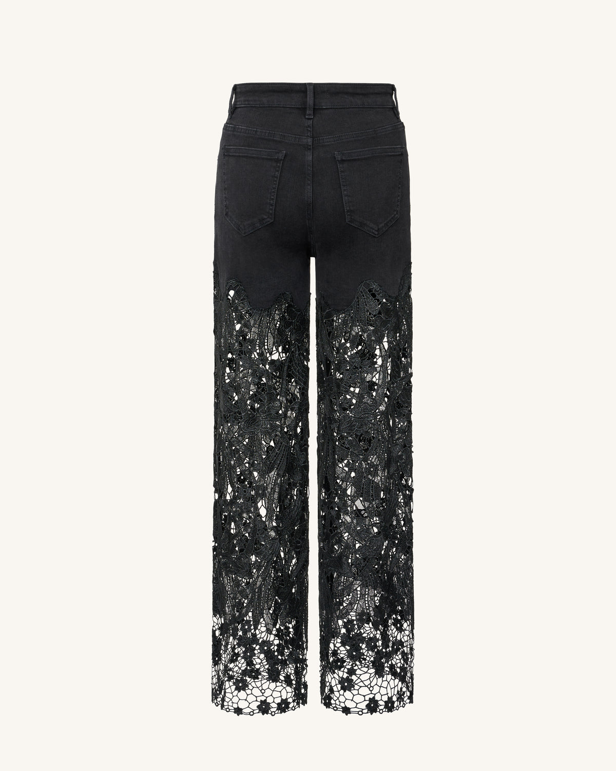 Embroidery High Rise Wide Leg Lace Denim Jeans With Rhinestone - Black - view 4