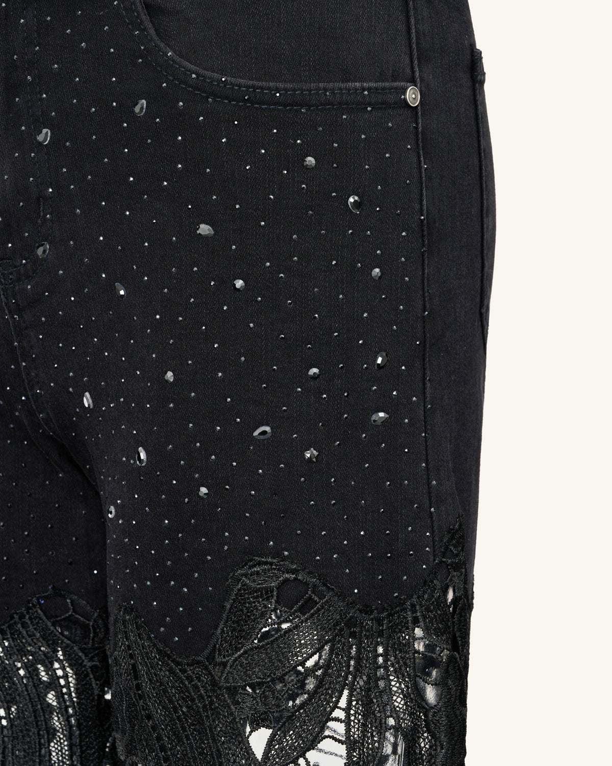 Embroidery High Rise Wide Leg Lace Denim Jeans With Rhinestone - Black - view 5