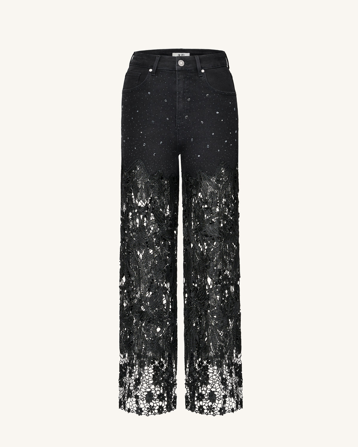 Embroidery High Rise Wide Leg Lace Denim Jeans With Rhinestone - Black - view 2
