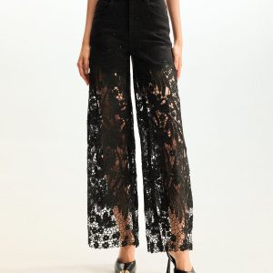 Embroidery High Rise Wide Leg Lace Denim Jeans With Rhinestone - Black - view 1