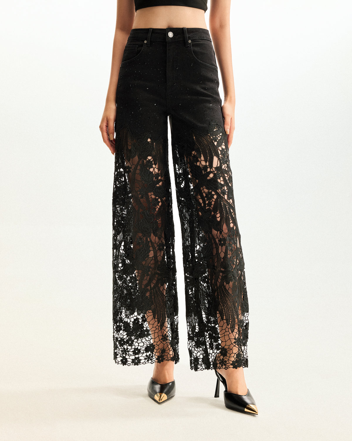 Embroidery High Rise Wide Leg Lace Denim Jeans With Rhinestone - Black - view 1