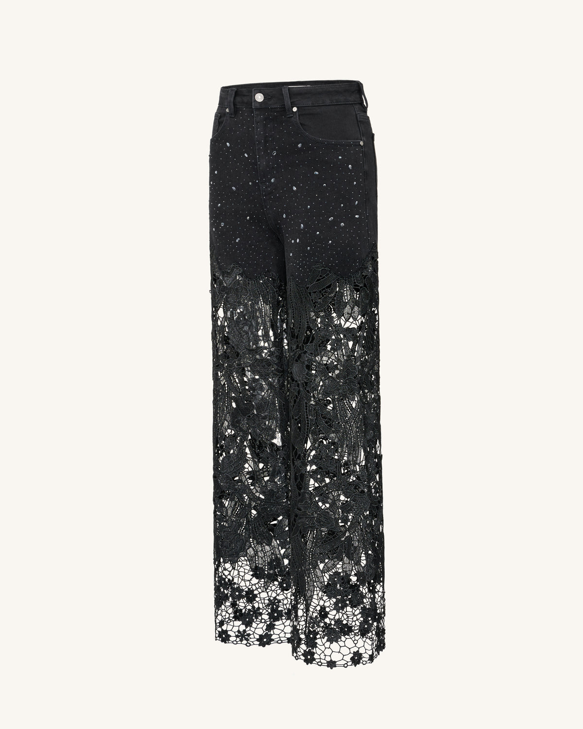 Embroidery High Rise Wide Leg Lace Denim Jeans With Rhinestone - Black - view 3