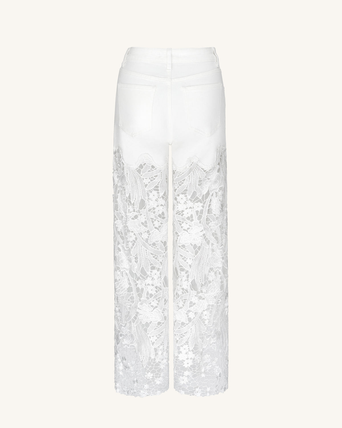 Embroidery High Rise Wide Leg Lace Denim Jeans With Rhinestone - White - view 4