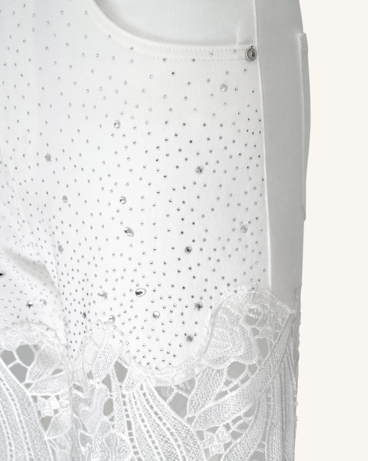 Embroidery High Rise Wide Leg Lace Denim Jeans With Rhinestone - White - view 5
