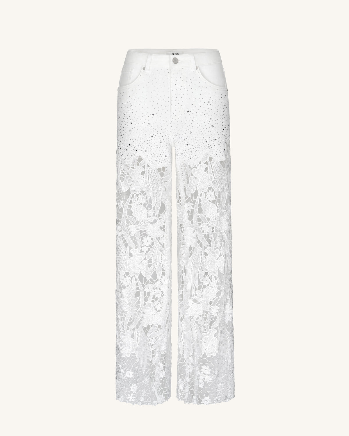 Embroidery High Rise Wide Leg Lace Denim Jeans With Rhinestone - White - view 2