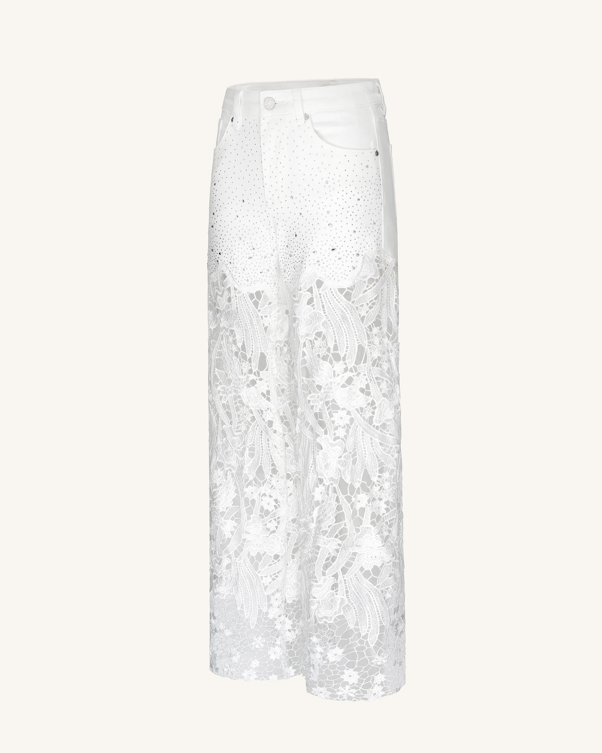 Embroidery High Rise Wide Leg Lace Denim Jeans With Rhinestone - White - view 3
