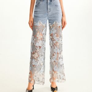 Embroidery High Rise Wide Leg Lace Denim Jeans With Rhinestone - Light Blue - view 1