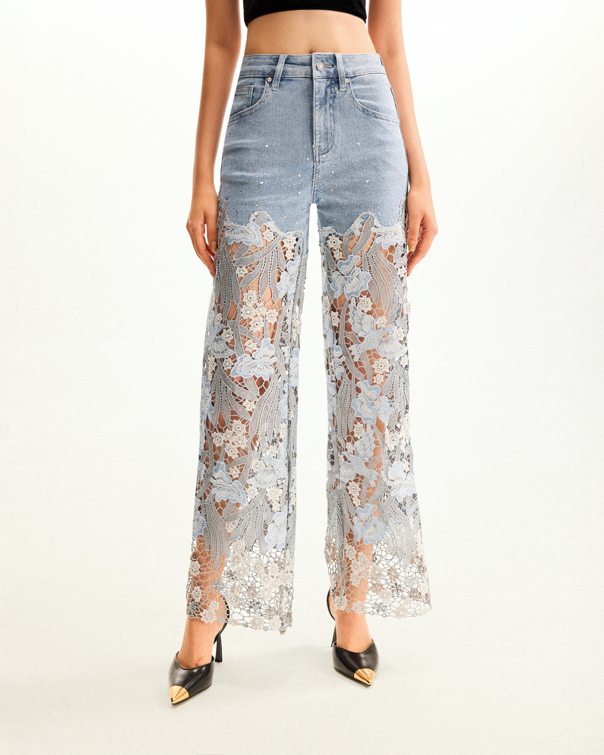 Embroidery High Rise Wide Leg Lace Denim Jeans With Rhinestone - Light Blue - view 1