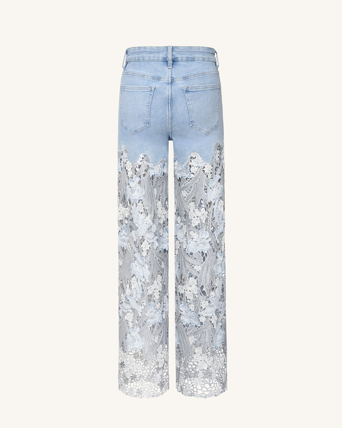 Embroidery High Rise Wide Leg Lace Denim Jeans With Rhinestone - Light Blue - view 4