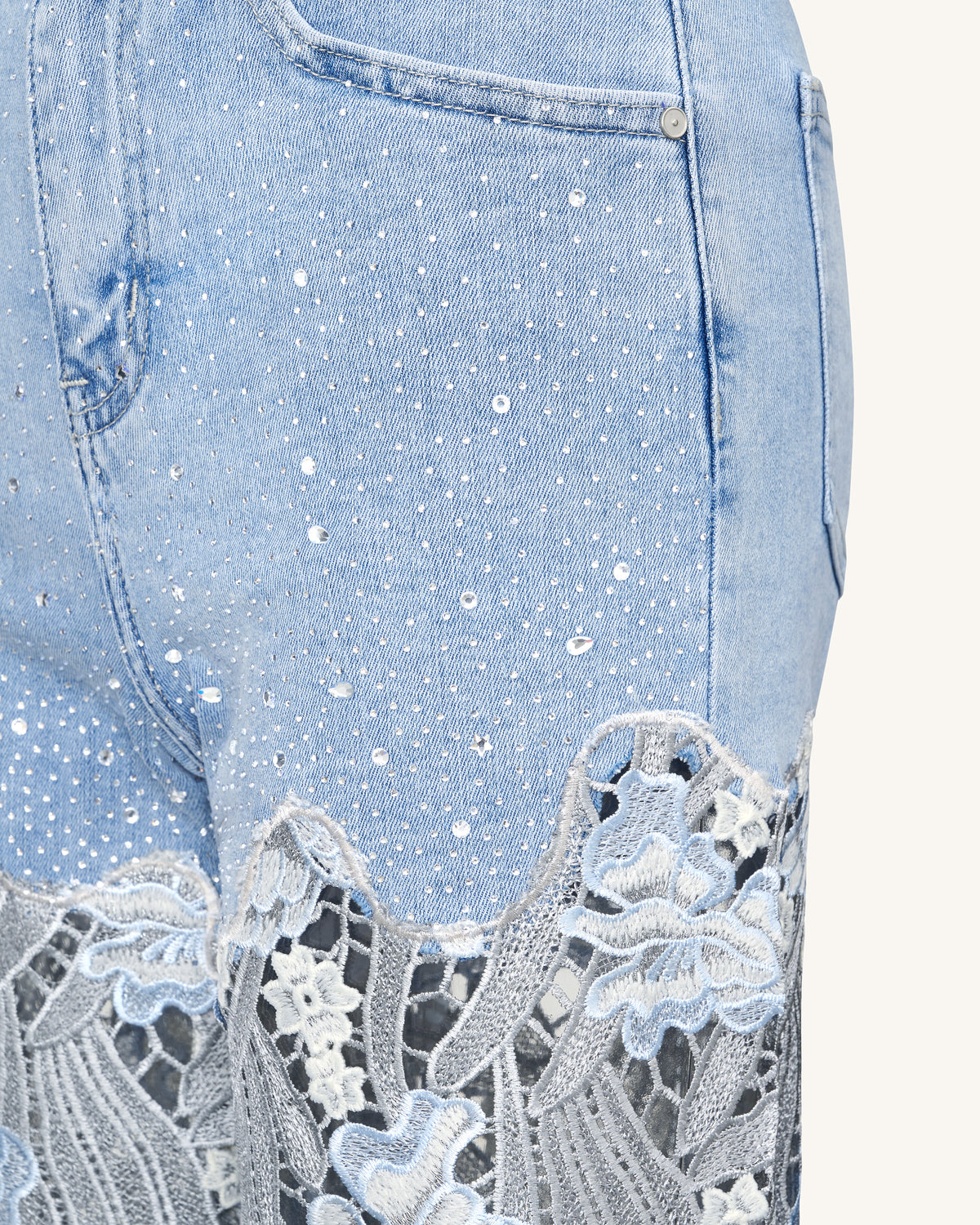 Embroidery High Rise Wide Leg Lace Denim Jeans With Rhinestone - Light Blue - view 5