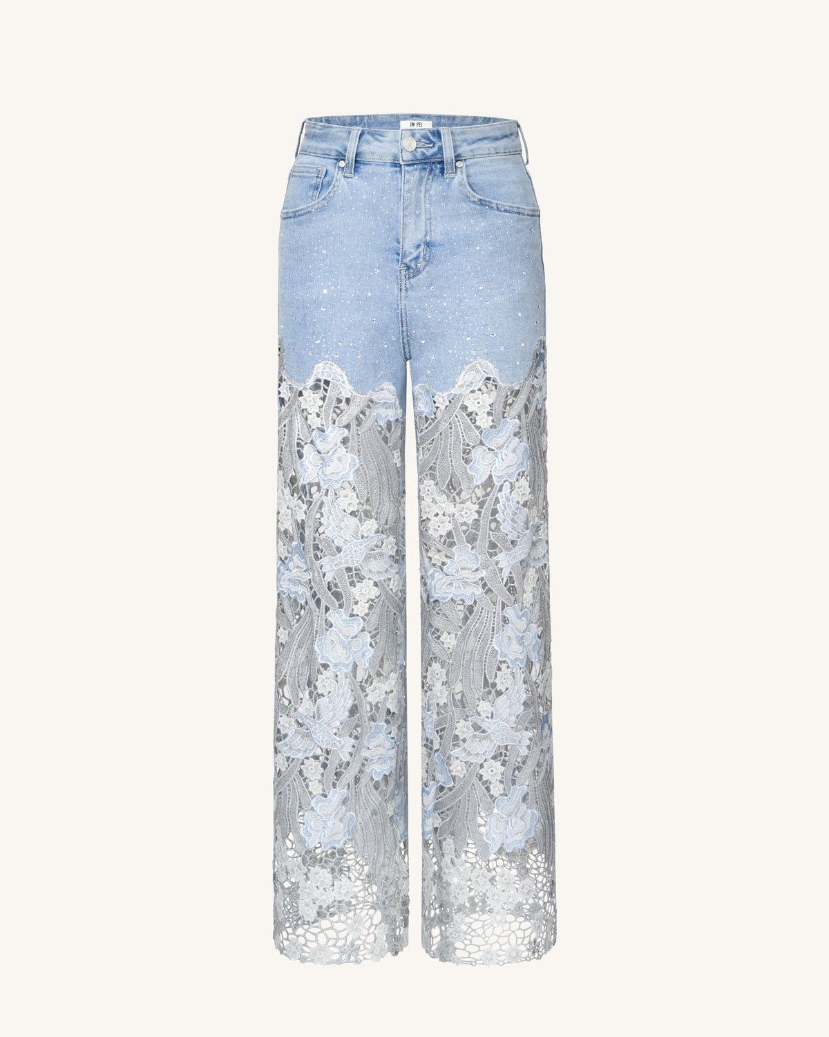 Embroidery High Rise Wide Leg Lace Denim Jeans With Rhinestone - Light Blue - view 2
