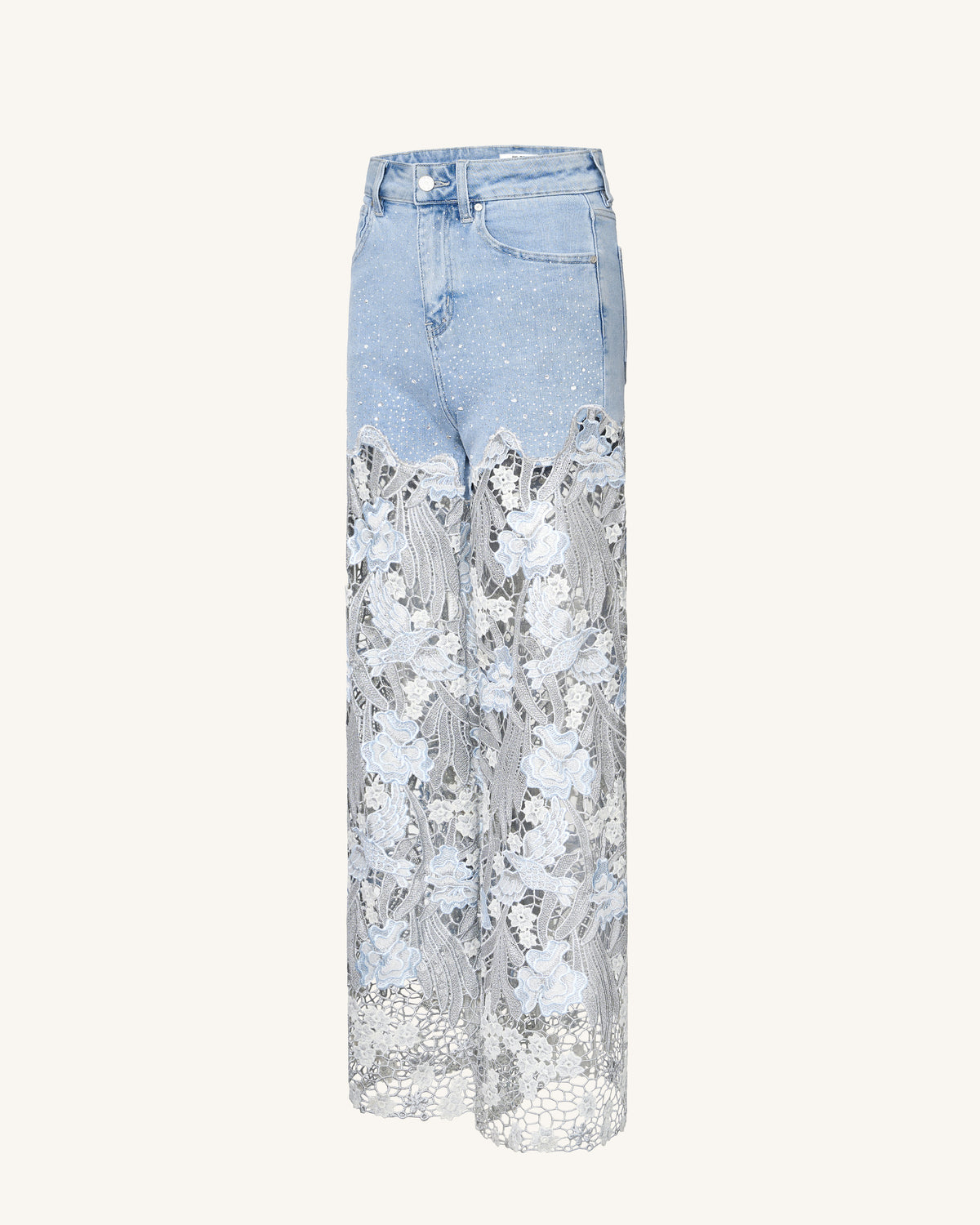 Embroidery High Rise Wide Leg Lace Denim Jeans With Rhinestone - Light Blue - view 3