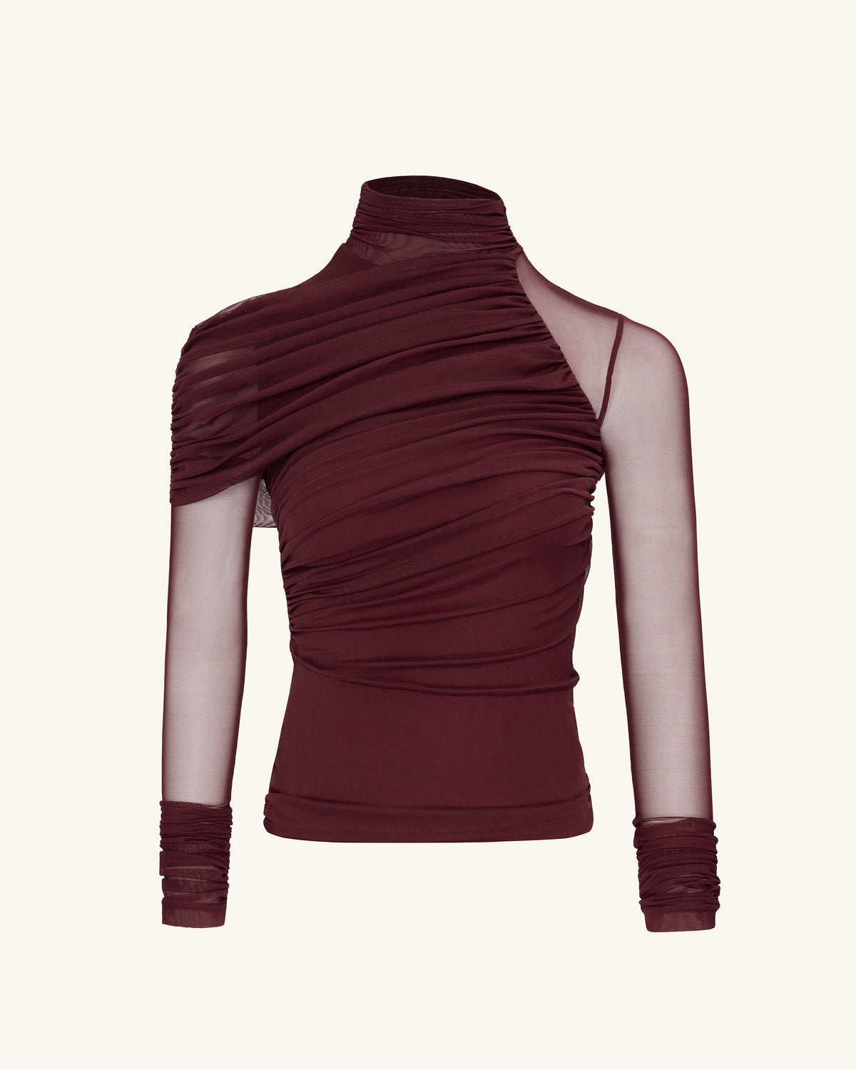 Ella Sheer Ruched Turtleneck Top - Burgundy - view 5