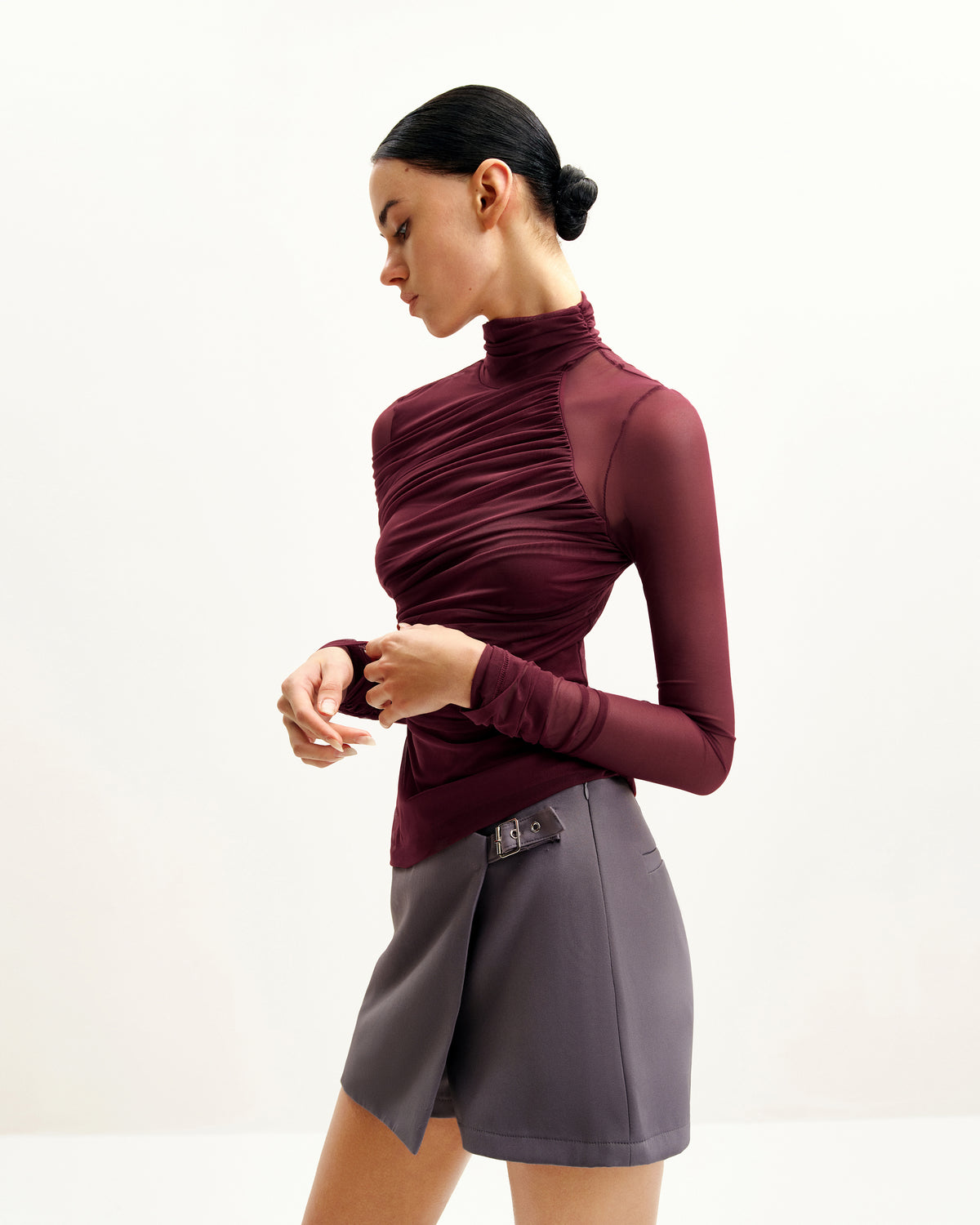 Ella Sheer Ruched Turtleneck Top - Burgundy - view 2