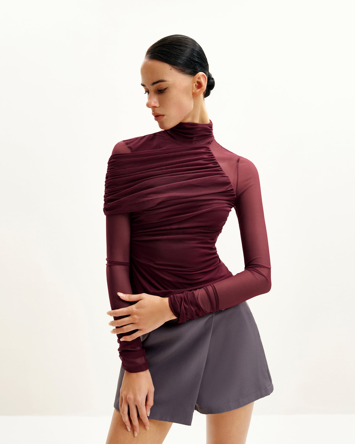 Ella Sheer Ruched Turtleneck Top - Burgundy - view 1