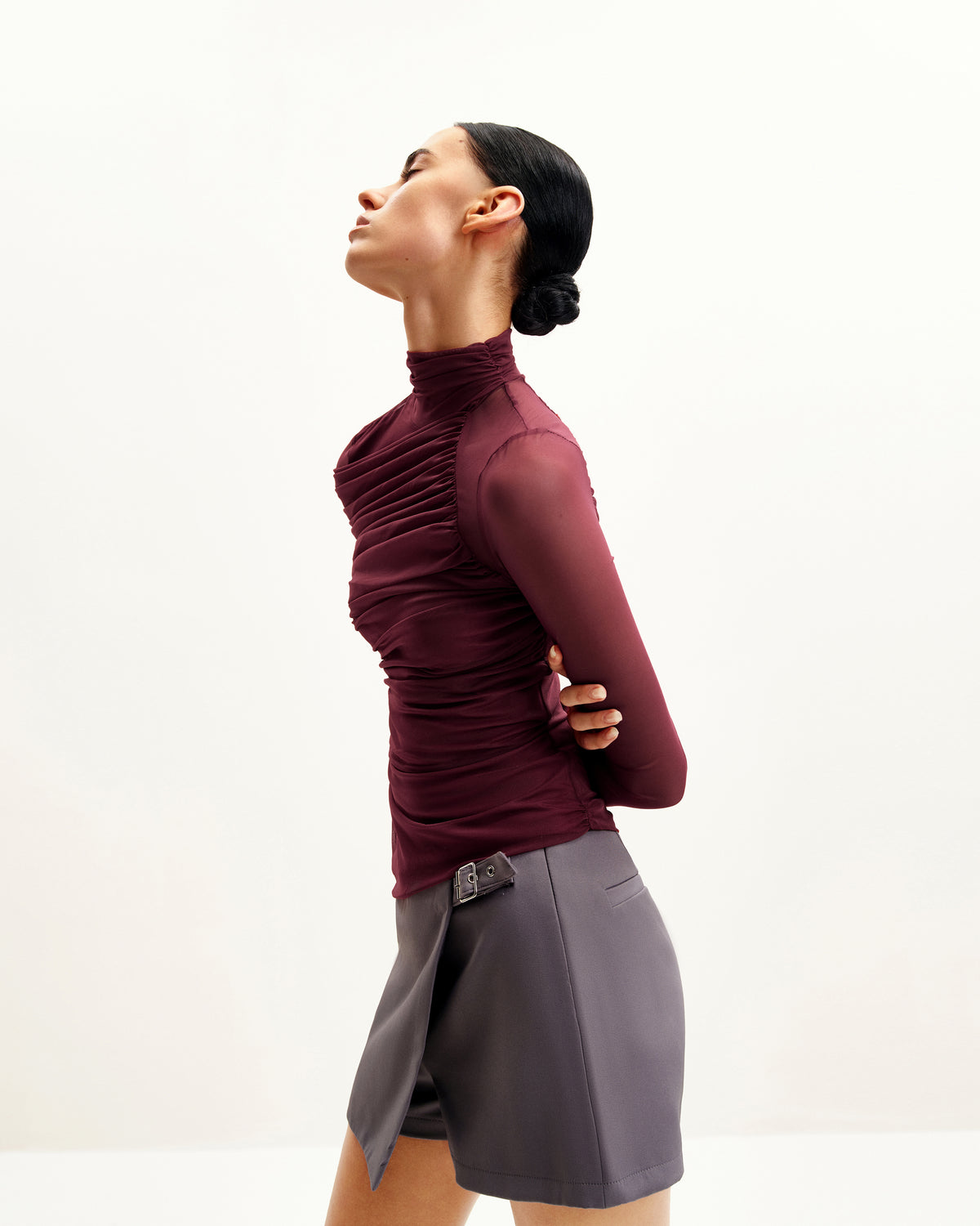 Ella Sheer Ruched Turtleneck Top - Burgundy - view 3