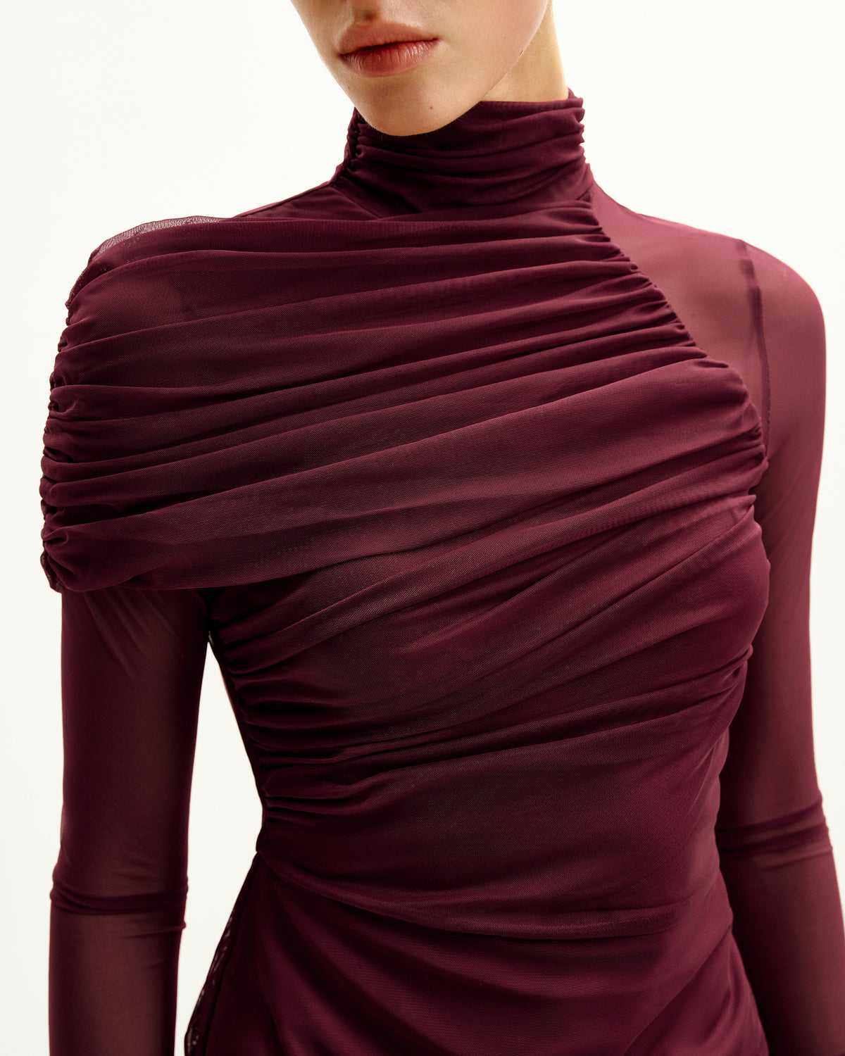 Ella Sheer Ruched Turtleneck Top - Burgundy - view 4