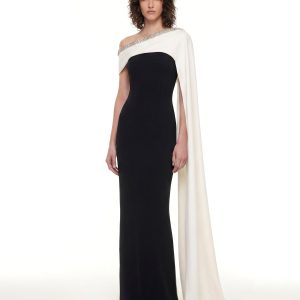 Crystal-Trim Cape Maxi Dress - Black & Ivory