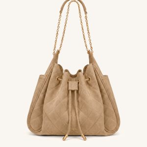 Rowan Faux Suede Quilting Ruched Drawstring Chain Bucket Bag - Coconut Brown