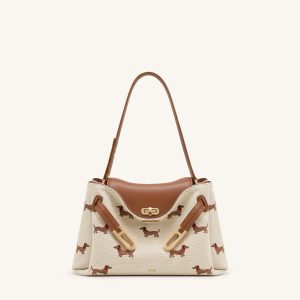 Rhea Dachshund Embroidered Double Buckle Shoulder Bag - Brown Canvas