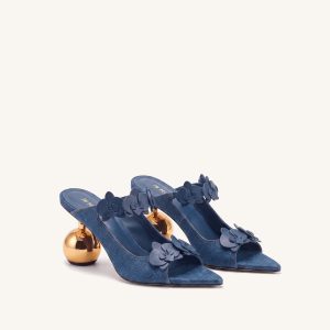 Rosalie Orchid Appliqué Sphere Heel Mules - Denim Blue