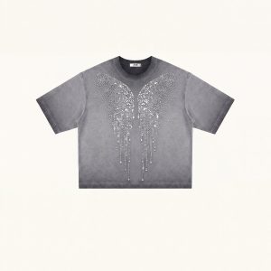 The Angelic Dripping Crystal Wings Tee - Washed Grey - view 1
